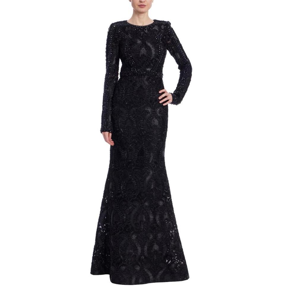 Badgley Mischka Modest Black Long Sleeve Lace Column Gown  sz 4  Oscar $1,900